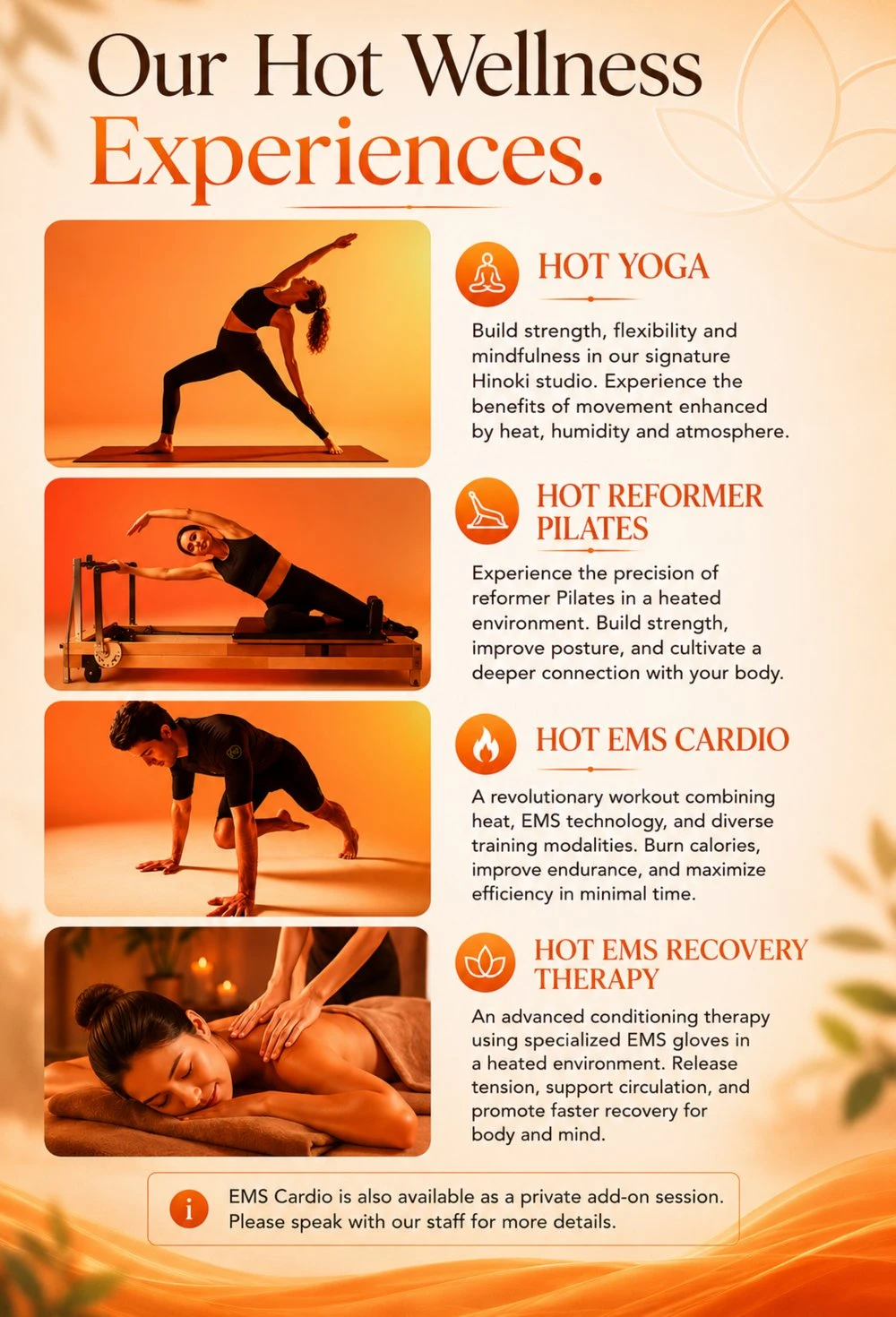 Our Hot Wellness Experiences - Hot Yoga, Hot Reformer Pilates, Hot EMS Cardio, Hot EMS Recovery Therapy